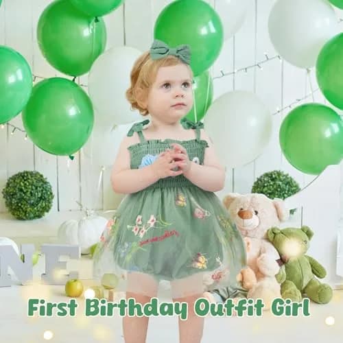 HONGTEYA Baby Girl 1st Birthday Outfit Green Tulle Dress with Headband (12-18 Months) thumbnail 4
