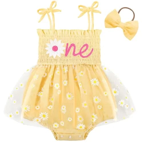 HONGTEYA Baby Girl's 1st Birthday Outfit Romper Tulle Dress with Headband, Yellow, 9-12 Months (0.12 kg) thumbnail 1