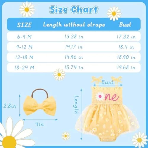 HONGTEYA Baby Girl's 1st Birthday Outfit Romper Tulle Dress with Headband, Yellow, 9-12 Months (0.12 kg) thumbnail 6