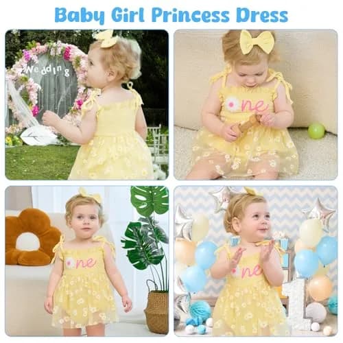 HONGTEYA Baby Girl's 1st Birthday Outfit Romper Tulle Dress with Headband, Yellow, 9-12 Months (0.12 kg) thumbnail 2