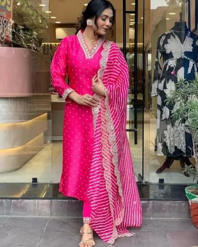 Yashika Women's Silk Blend Kurta Pant Set with Cotton Mal Embroidery Dupatta, Pink XXL | Festive Indian Ethnic Wear thumbnail 2