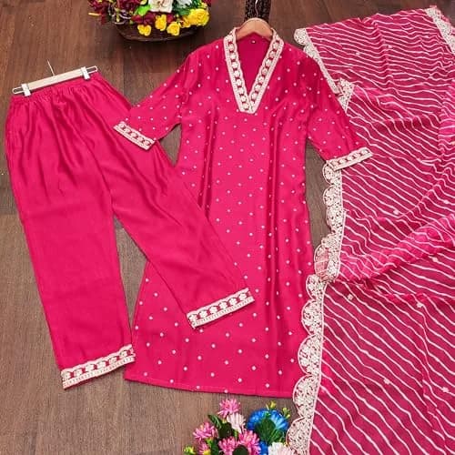 Yashika Women's Silk Blend Kurta Pant Set with Cotton Mal Embroidery Dupatta, Pink XXL | Festive Indian Ethnic Wear thumbnail 3