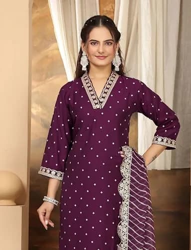 Yashika Women's Silk Blend Kurta Pant Set with Digital Print Cotton Mal Embroidery Dupatta, Purple, L thumbnail 4