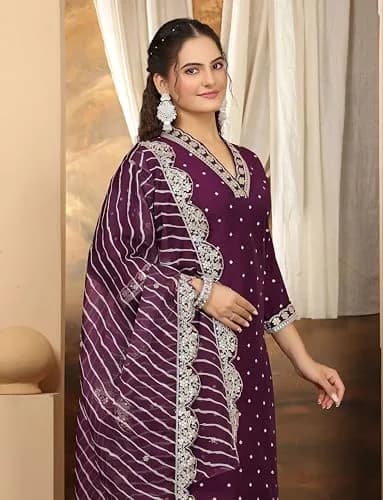 Yashika Women's Silk Blend Kurta Pant Set with Digital Print Cotton Mal Embroidery Dupatta, Purple, L thumbnail 3