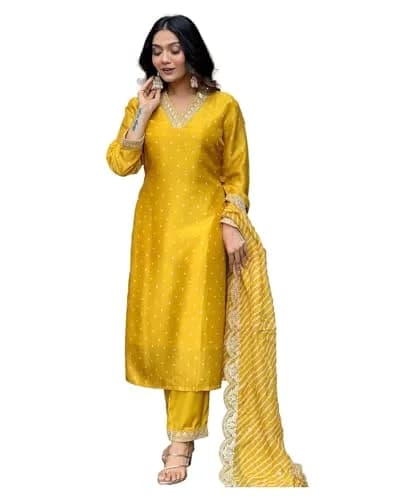 Yashika Women's Silk Blend Kurta Pant Set Yellow L | Digital Print Cotton Mal Embroidery Dupatta thumbnail 1