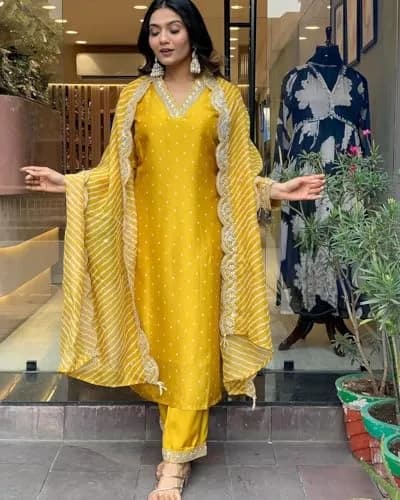 Yashika Women's Silk Blend Kurta Pant Set Yellow L | Digital Print Cotton Mal Embroidery Dupatta thumbnail 4