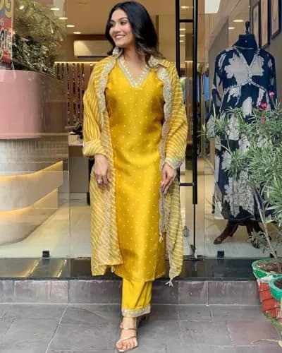 Yashika Women's Silk Blend Kurta Pant Set Yellow L | Digital Print Cotton Mal Embroidery Dupatta thumbnail 3