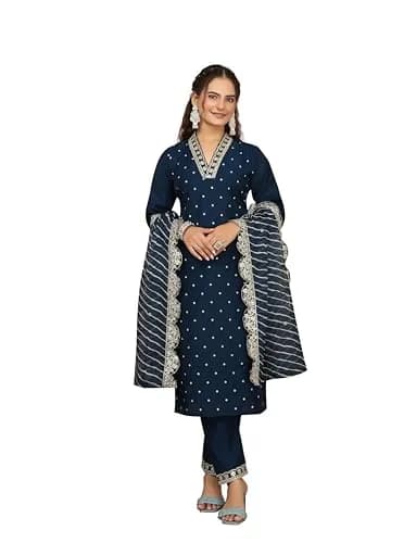 Yashika Women's Silk Blend Kurta Pant Set with Mal Cotton Dupatta, Light Brown::Blue, S | Elegant Indian Ethnic Wear thumbnail 1