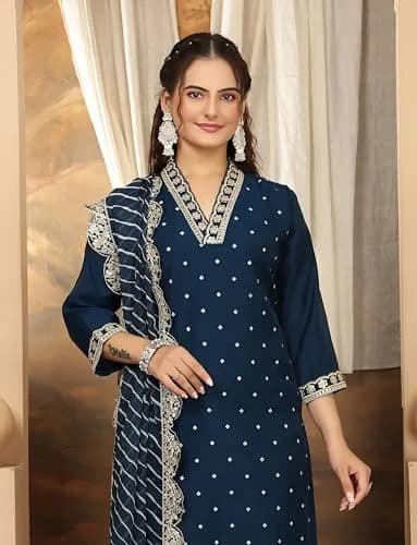 Yashika Women's Silk Blend Kurta Pant Set with Mal Cotton Dupatta, Light Brown::Blue, S | Elegant Indian Ethnic Wear thumbnail 4