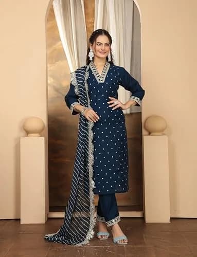 Yashika Women's Silk Blend Kurta Pant Set with Mal Cotton Dupatta, Light Brown::Blue, S | Elegant Indian Ethnic Wear thumbnail 2