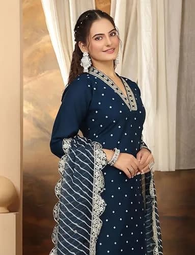 Yashika Women's Silk Blend Kurta Pant Set with Mal Cotton Dupatta, Light Brown::Blue, S | Elegant Indian Ethnic Wear thumbnail 3