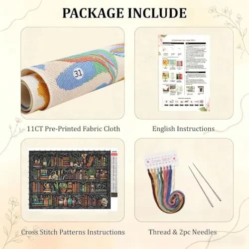 WUSARPLY Bookshelf Stamped Cross Stitch Kits for Beginners Adults | 11CT Pre-Printed Fabric, Stress Relief, Easy for Beginners thumbnail 5