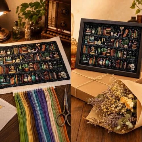 WUSARPLY Bookshelf Stamped Cross Stitch Kits for Beginners Adults | 11CT Pre-Printed Fabric, Stress Relief, Easy for Beginners thumbnail 7