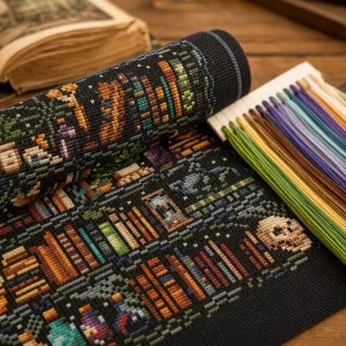 WUSARPLY Bookshelf Stamped Cross Stitch Kits for Beginners Adults | 11CT Pre-Printed Fabric, Stress Relief, Easy for Beginners thumbnail 8