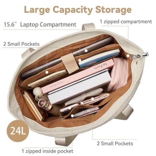 DIXEIGHT Tote Bag for Women, Large Capacity, Water-Resistant Corduroy, Zipper Closure, Fits 15.6" Laptop, Casual Style thumbnail 5