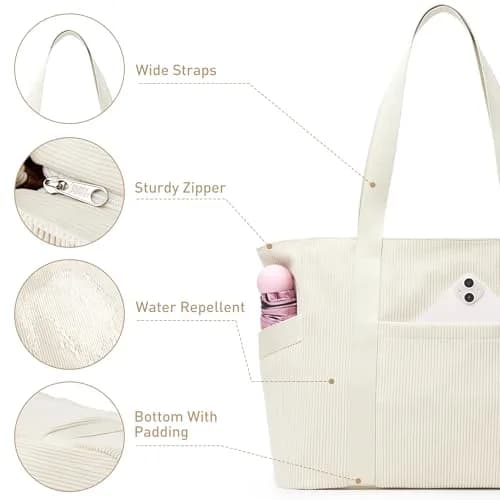 DIXEIGHT Tote Bag for Women, Large Capacity, Water-Resistant Corduroy, Zipper Closure, Fits 15.6" Laptop, Casual Style thumbnail 6