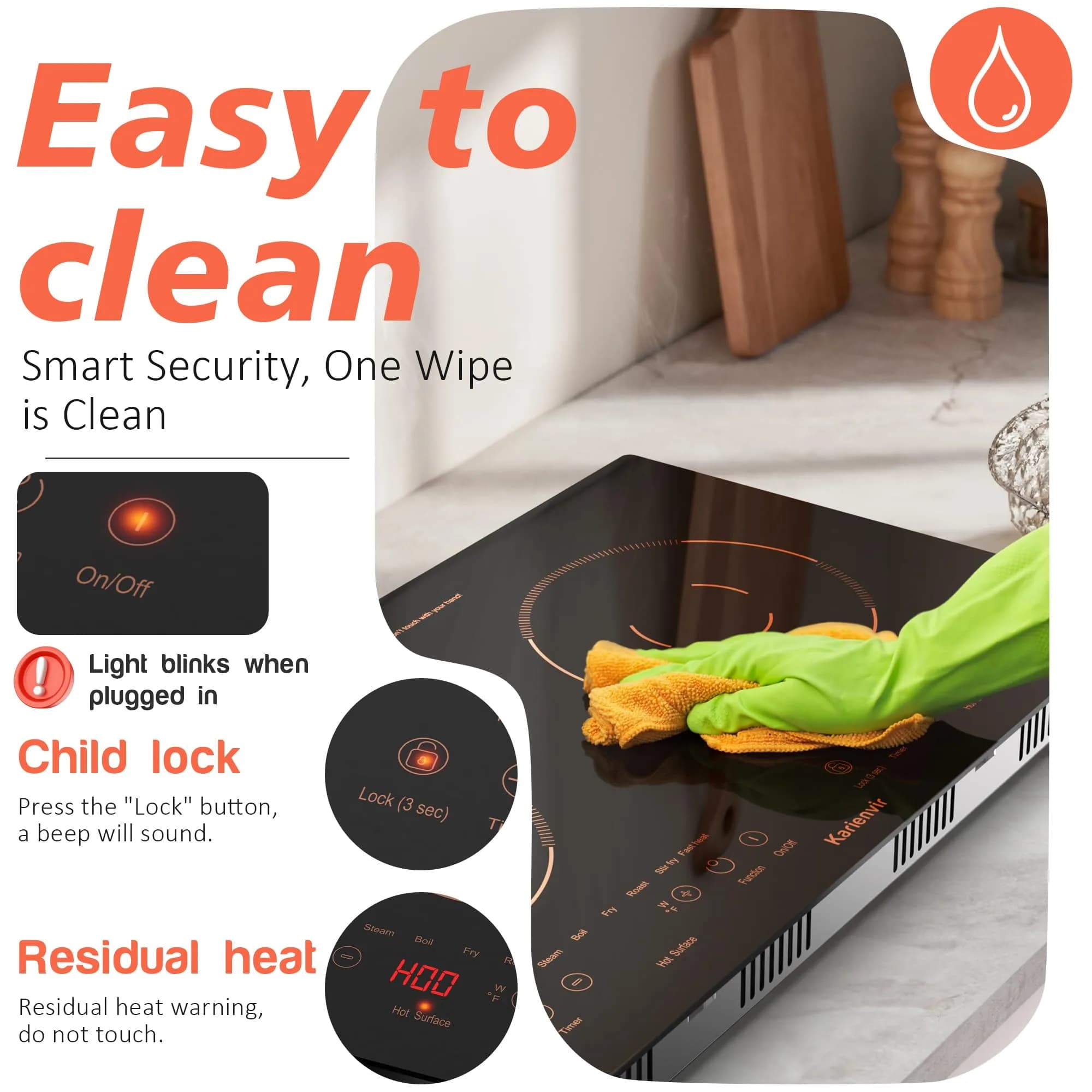 Karienvir 24" Electric Cooktop 2000W 110V | Touch Control, 8 Cooking Functions, Safety Lock - view 5