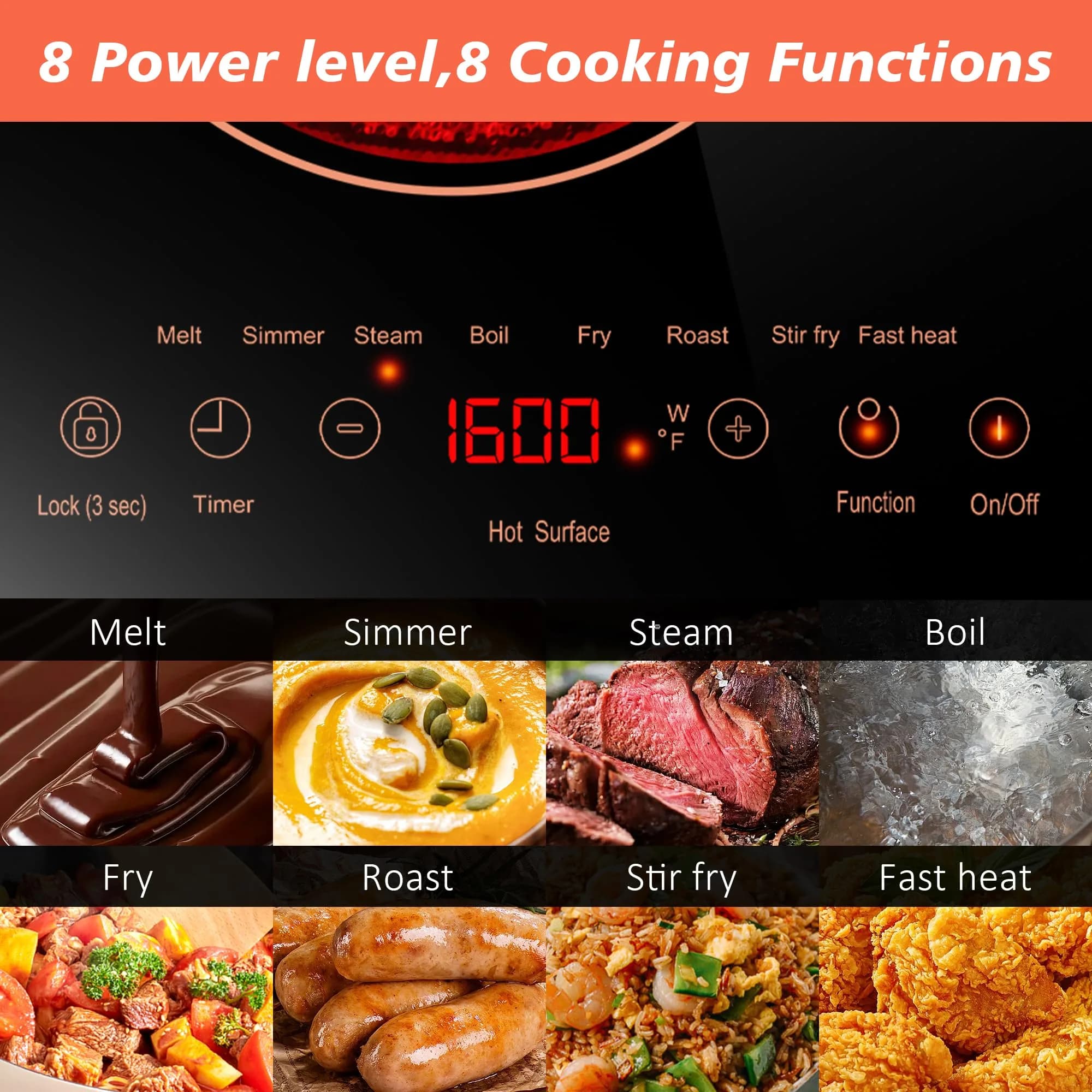 Karienvir 24" Electric Cooktop 2000W 110V | Touch Control, 8 Cooking Functions, Safety Lock - view 6
