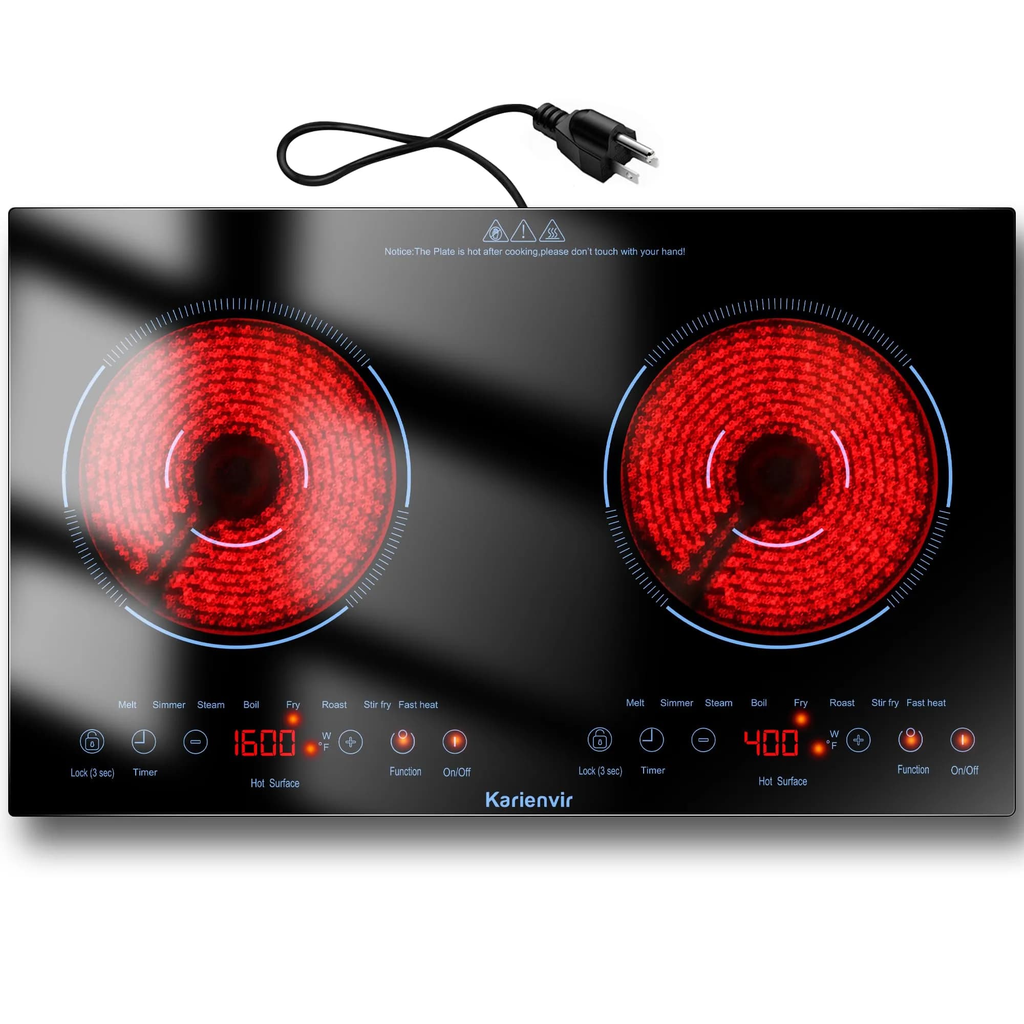 Karienvir 24 Inch 2 Burner Electric Cooktop 2000W | Touch Control, 110V Plug-in & Built-in - main product image
