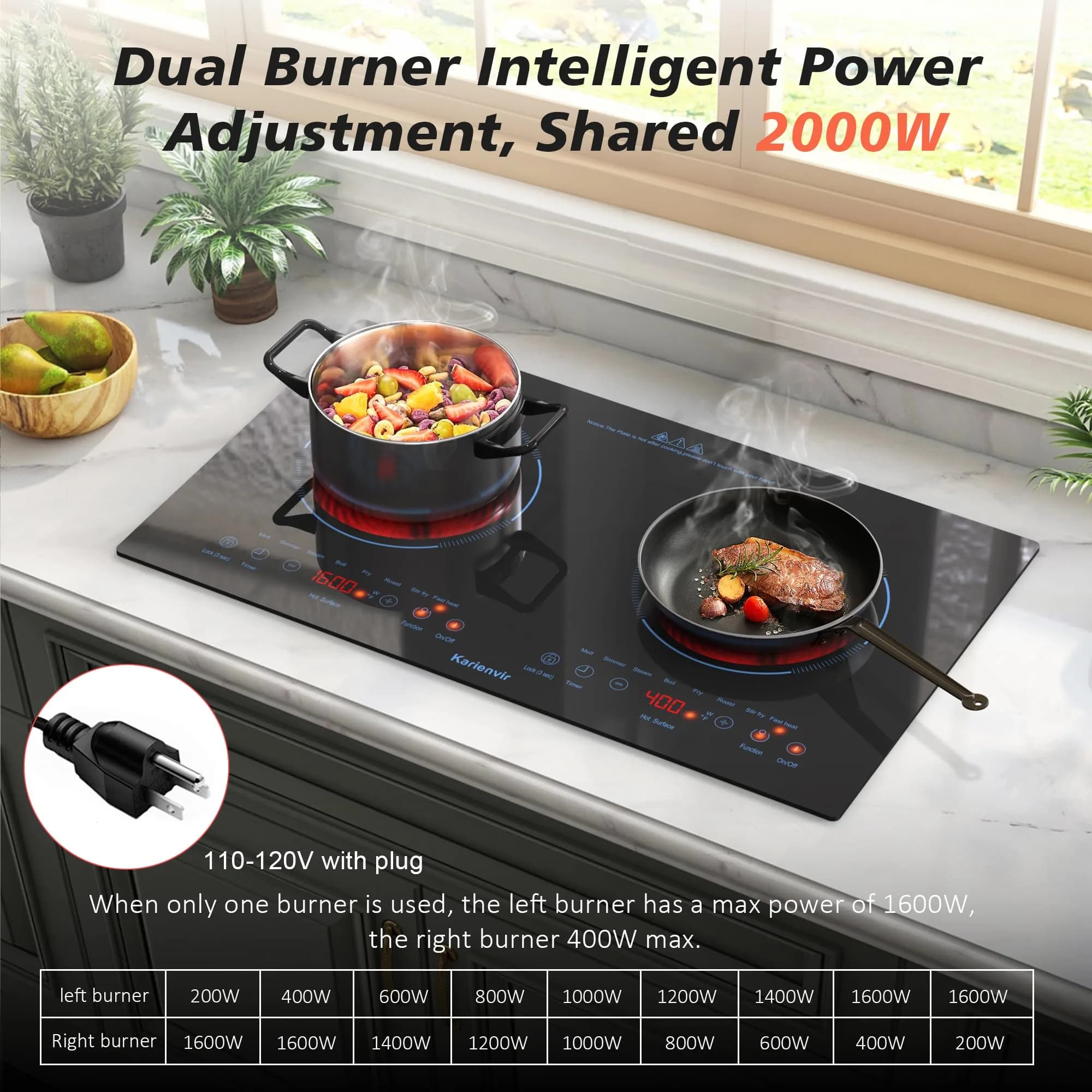 Karienvir 24 Inch 2 Burner Electric Cooktop 2000W | Touch Control, 110V Plug-in & Built-in - view 2