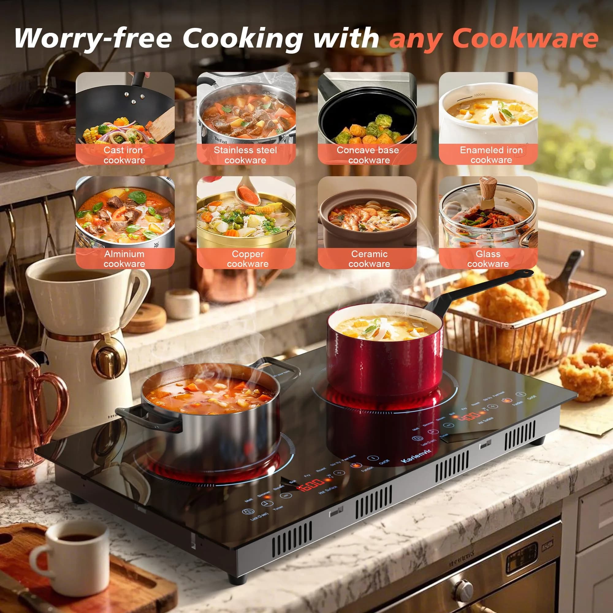 Karienvir 24 Inch 2 Burner Electric Cooktop 2000W | Touch Control, 110V Plug-in & Built-in - view 3