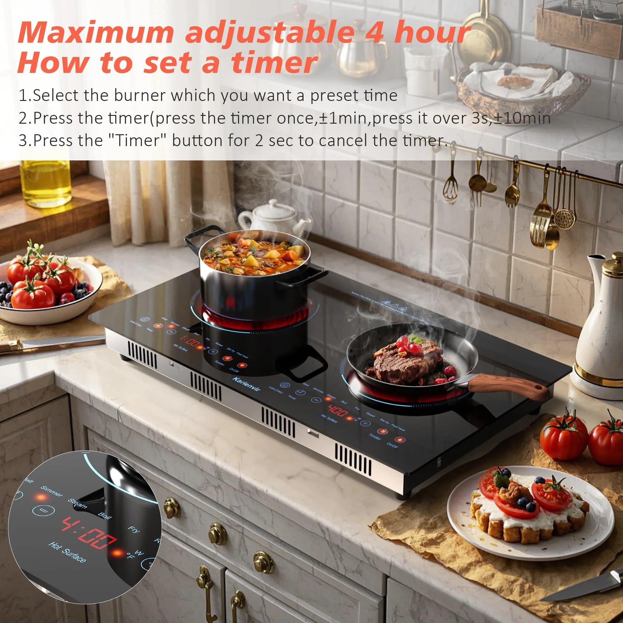 Karienvir 24 Inch 2 Burner Electric Cooktop 2000W | Touch Control, 110V Plug-in & Built-in - view 4