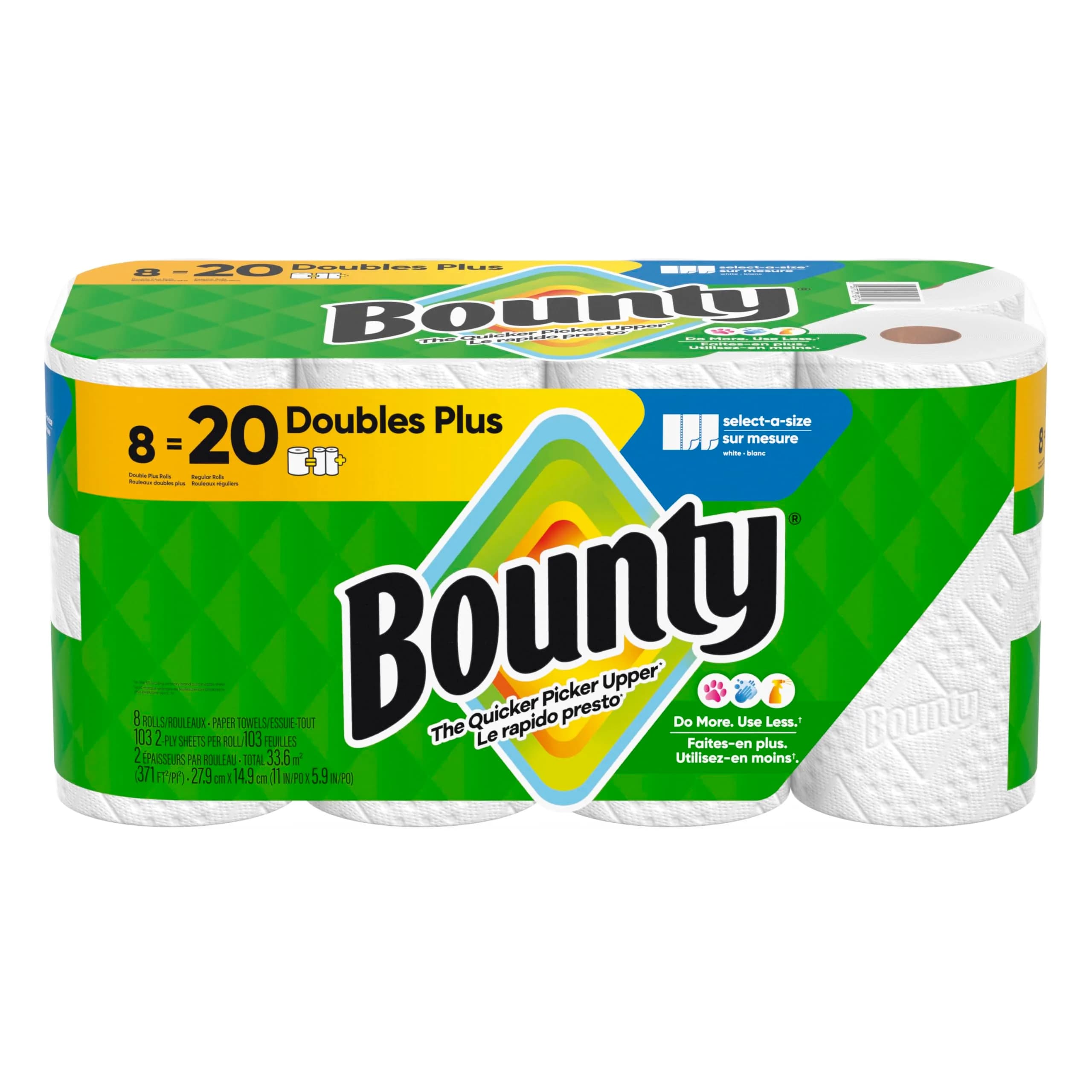 Bounty Select-A-Size Paper Towels, White, 8 Double Plus Rolls (Equals 20 Regular Rolls) - main product image