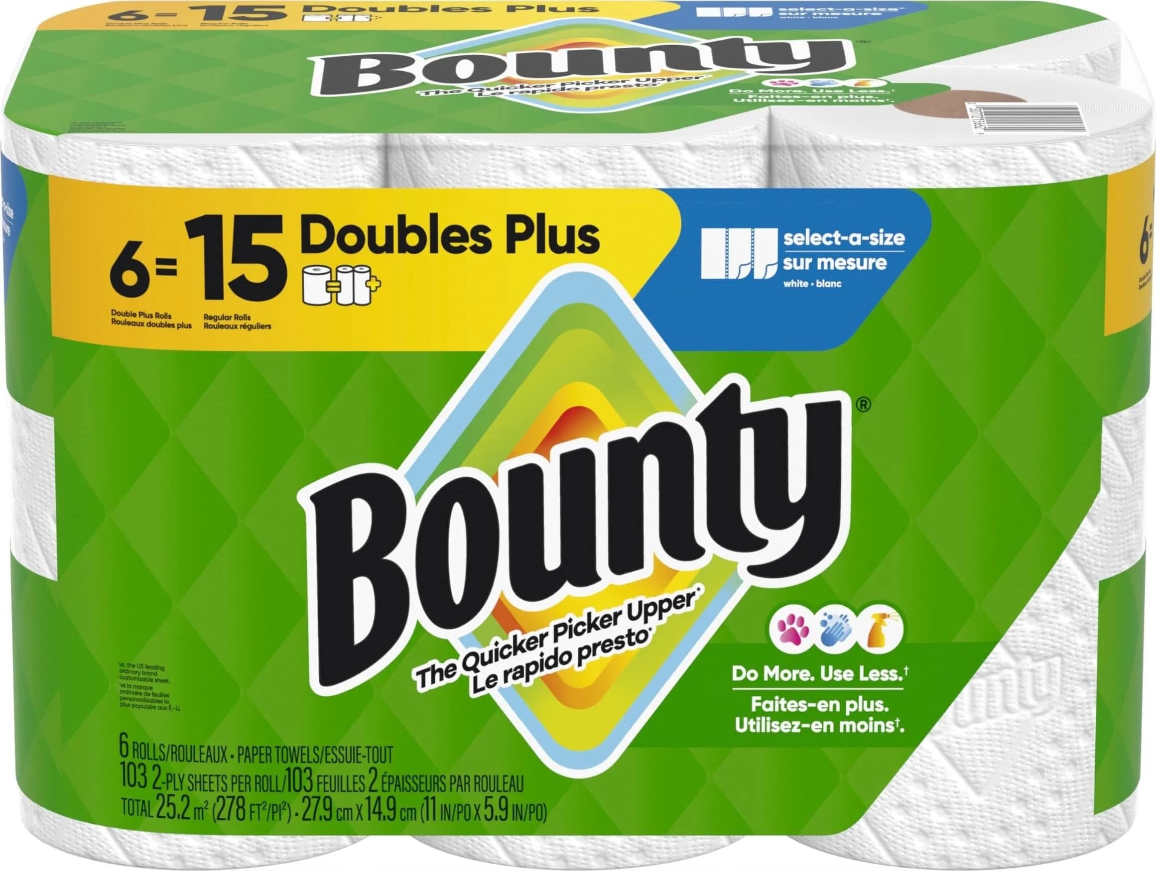 Bounty Select-A-Size Paper Towels, White, 6 Double Plus Rolls (Equals 15 Regular Rolls) - main product image