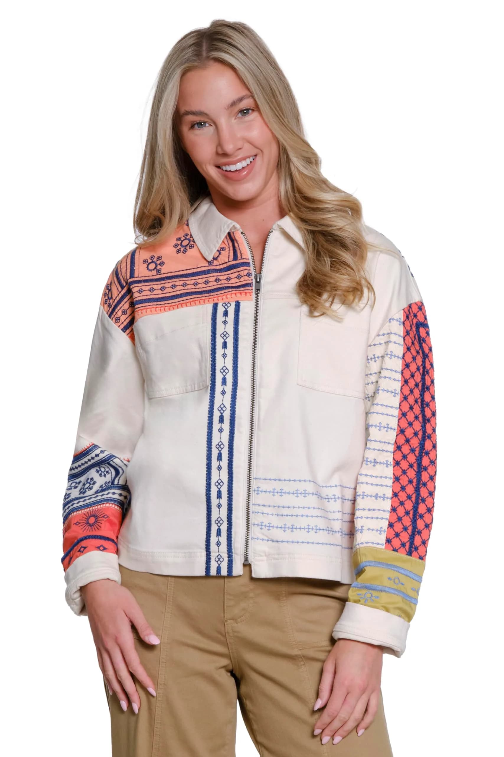 TRU LUXE Embroidered Shirt Jacket, Multi, M | Casual Fall Women's Coat with Embroidery