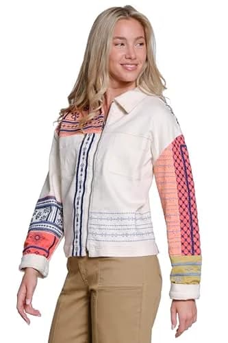 TRU LUXE Embroidered Shirt Jacket, Multi, M | Casual Fall Women's Coat with Embroidery thumbnail 2