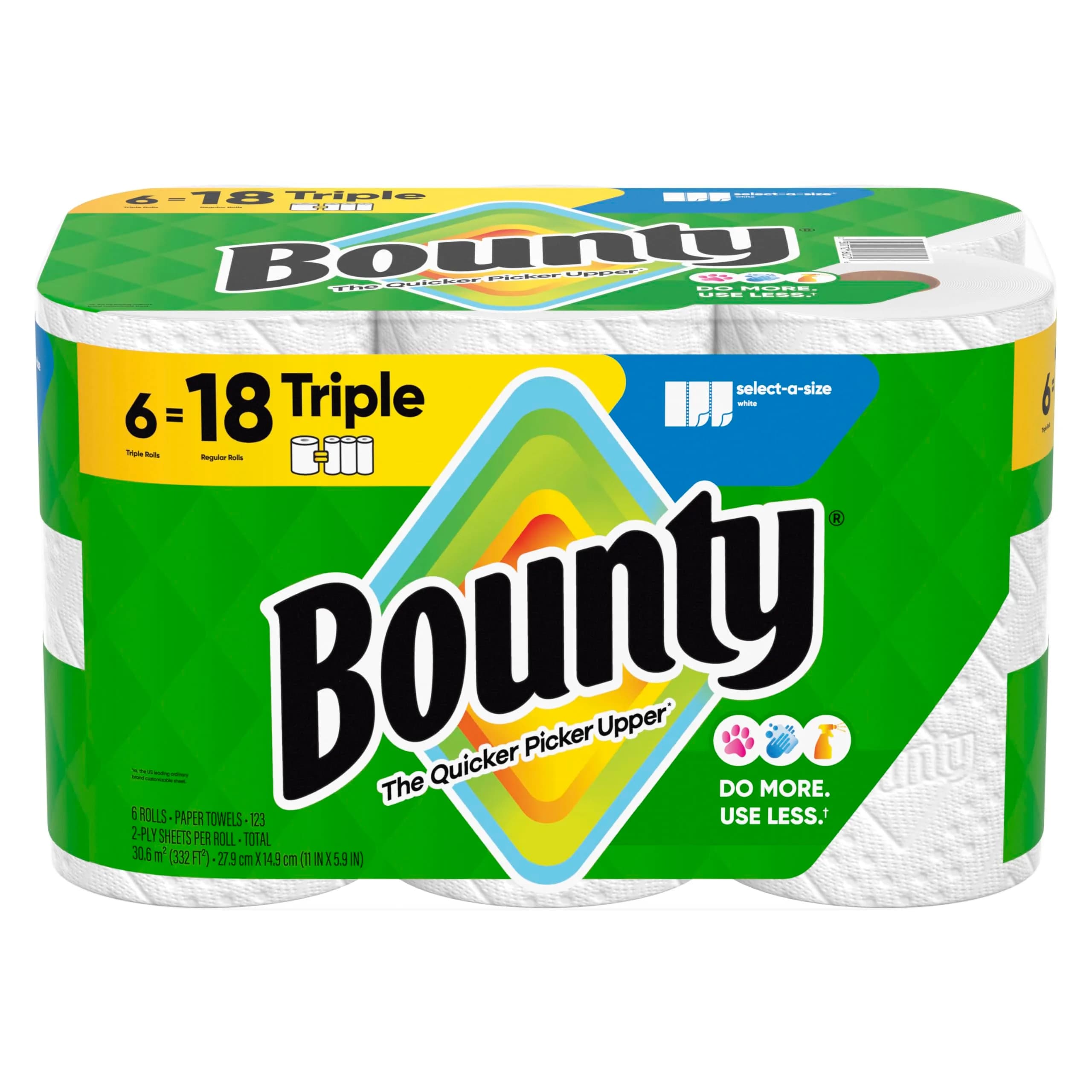 Bounty Select-A-Size White Paper Towels, 6 Triple Rolls (18 Regular Rolls Equivalent) - main product image