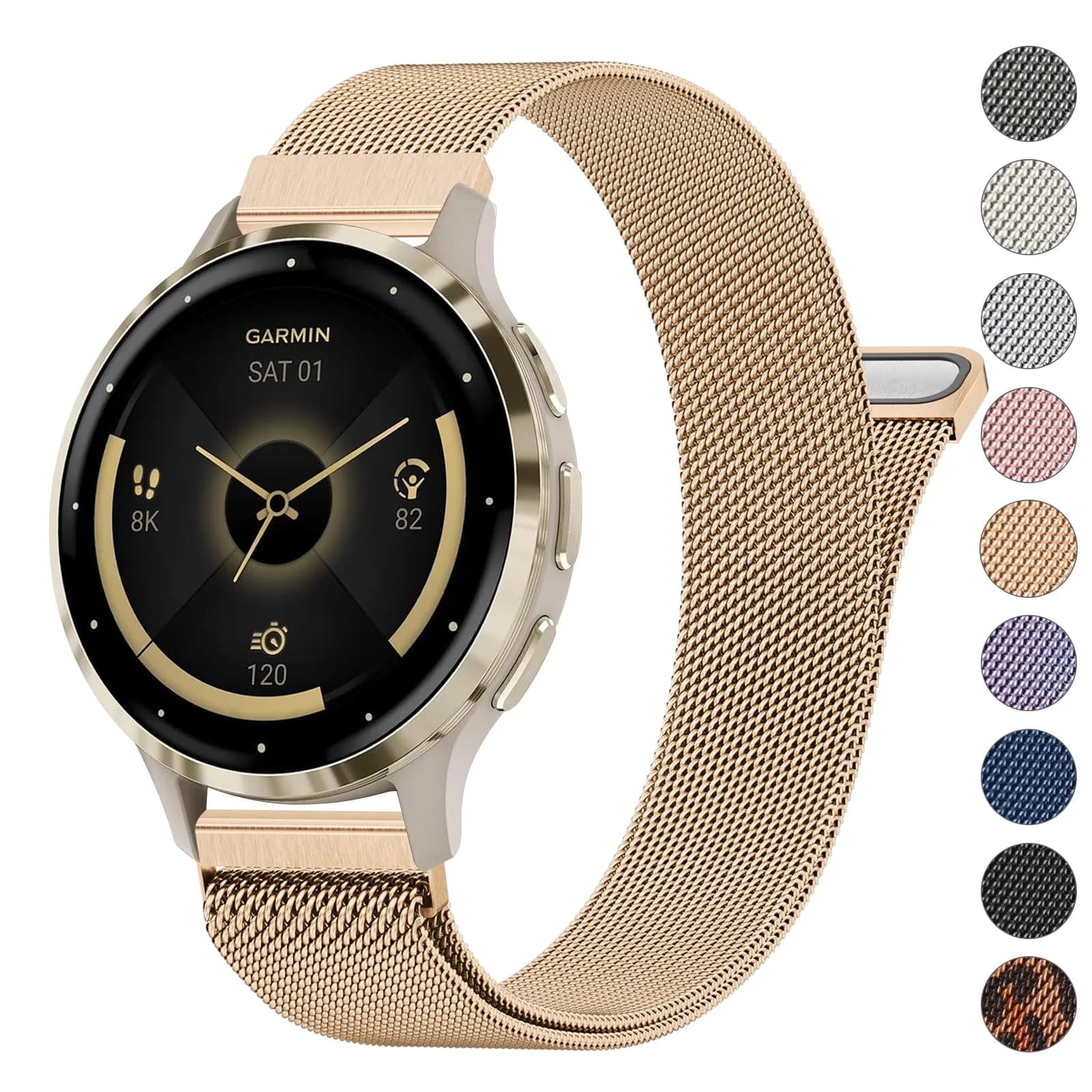 Meliya 18mm Metal Watch Band for Garmin Venu 3S/2S/Vivoactive 4S/Vivomove 3S/Forerunner 265s/255s, Rose Gold Stainless Steel Mesh Strap (18mm)