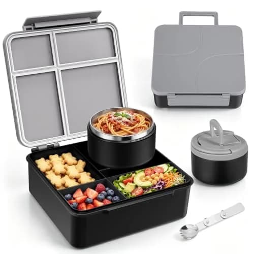 MAXSO Bento Lunch Box Set with 8 oz Soup Thermo, 4 Compartments, Black | Leakproof Hot Food Container for Kids thumbnail 1