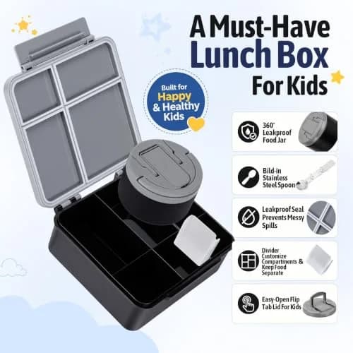 MAXSO Bento Lunch Box Set with 8 oz Soup Thermo, 4 Compartments, Black | Leakproof Hot Food Container for Kids thumbnail 2