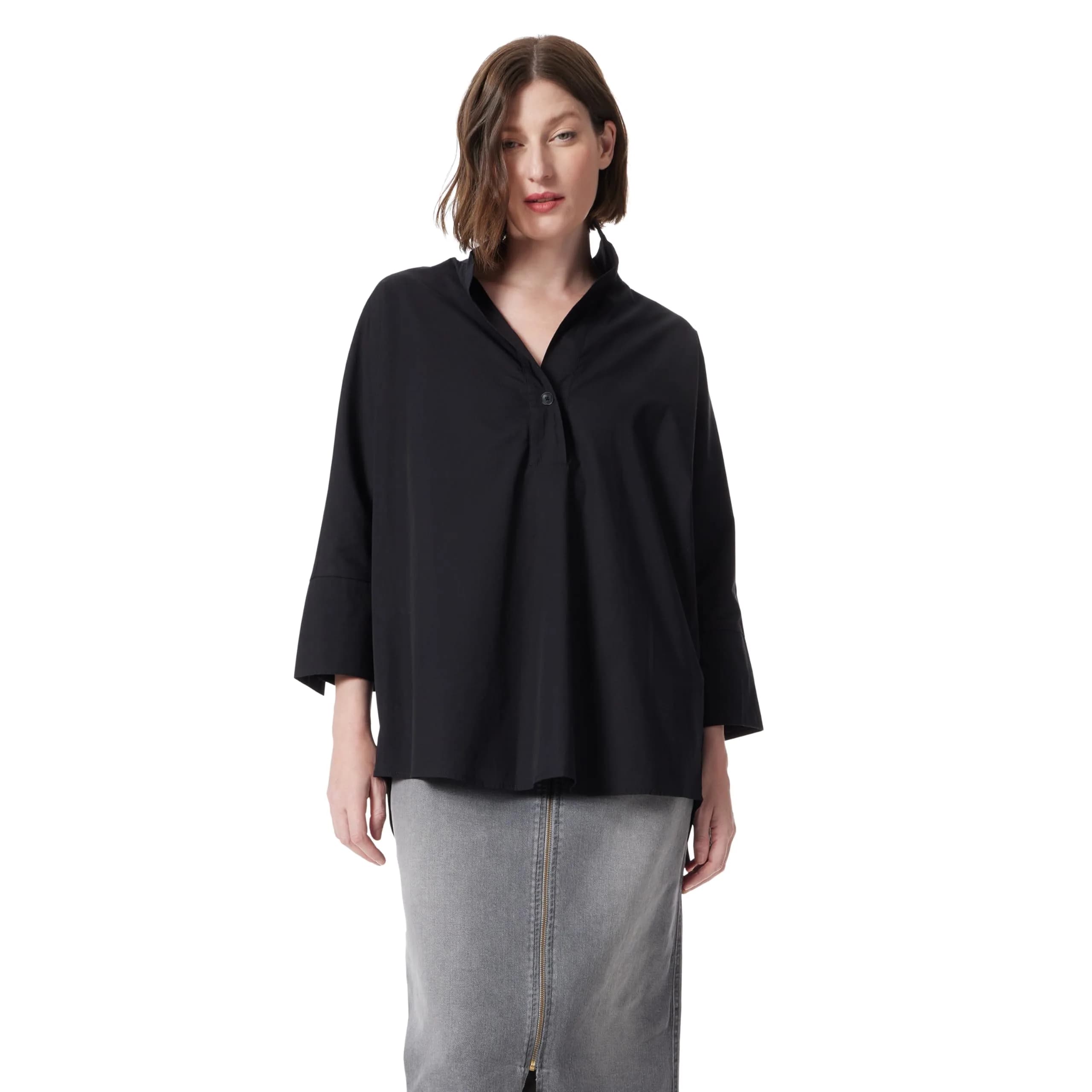 DEE OCLEPPO Hailey Stand Collar Shirt Standard | Relaxed Fit Cotton & Spandex Women’s Blouse — Black