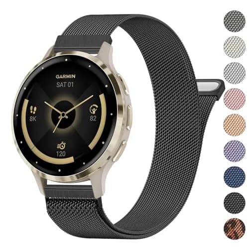 Meliya Black Stainless Steel Metal Watch Band for Garmin Venu 3S/4 41mm, 2S/Vivoactive 4S/Vivomove 3S, Forerunner 255s/265s (18mm) | Quick Release Magnetic Clasp thumbnail 1