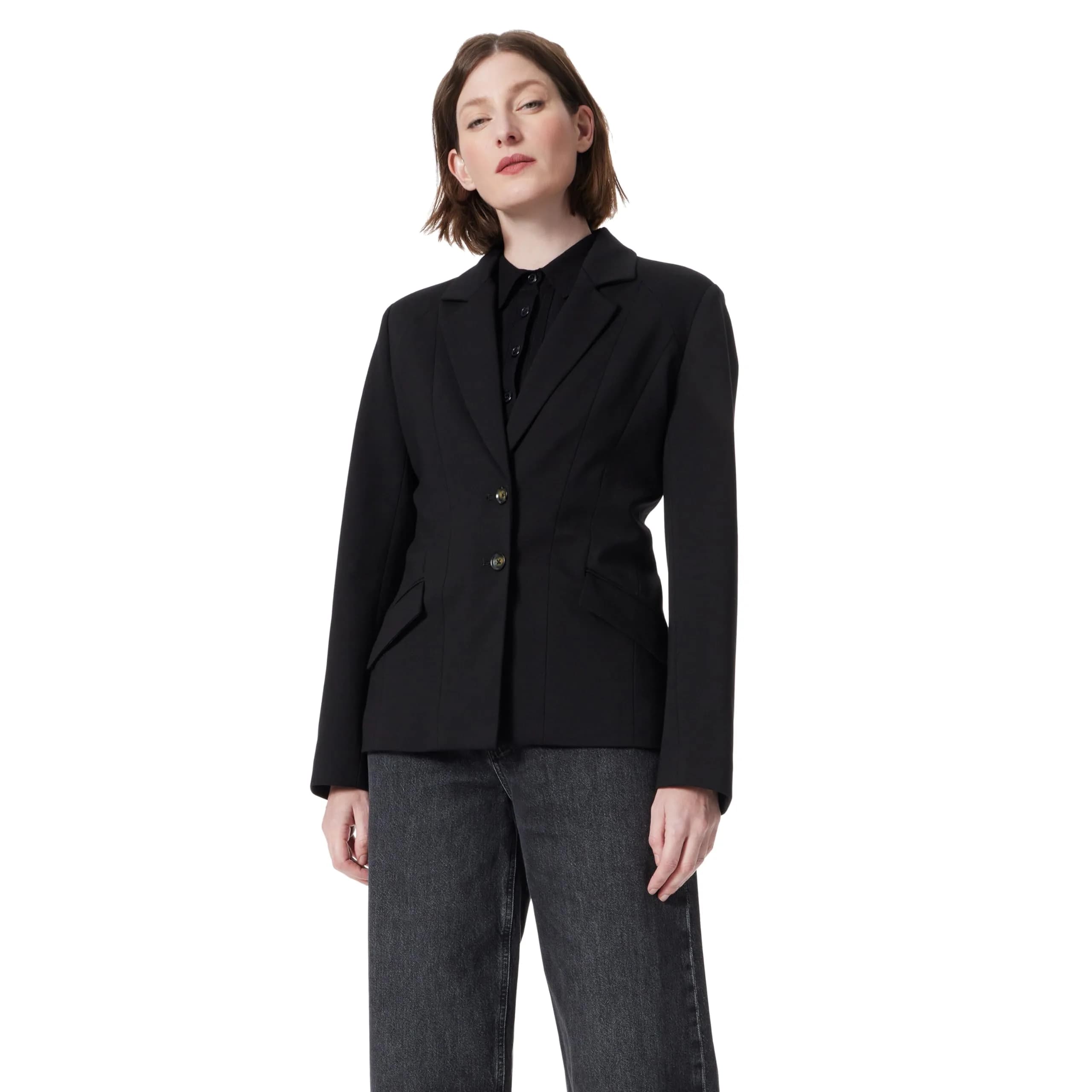 DEE OCLEPPO Womens Angela Seamed Double Button Blazer 26in | Chic, Versatile & Imported — Black