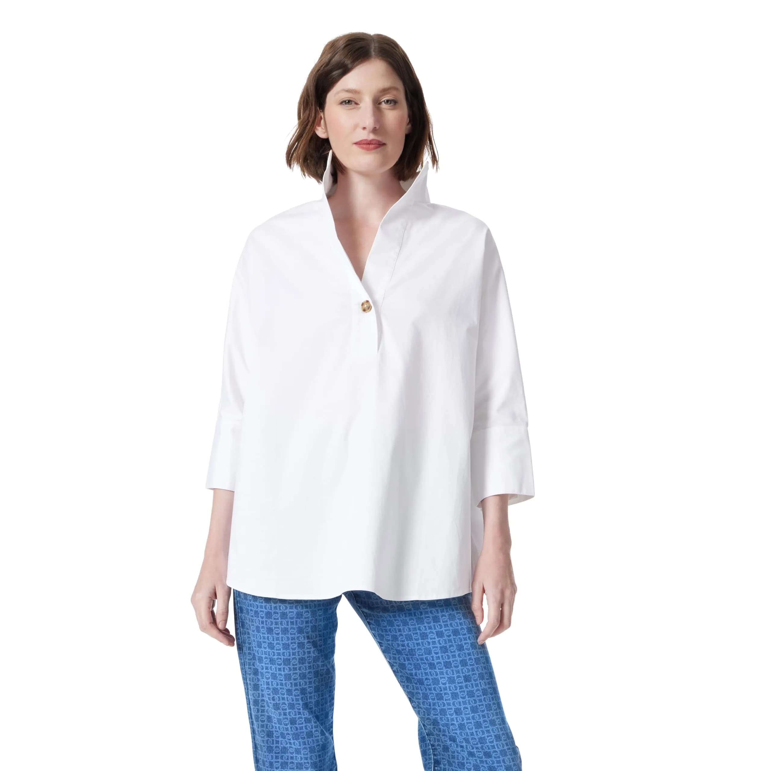 DEE OCLEPPO Hailey Stand Collar Shirt Standard | Relaxed Fit Cotton & Spandex Blouse (US Size X-L)