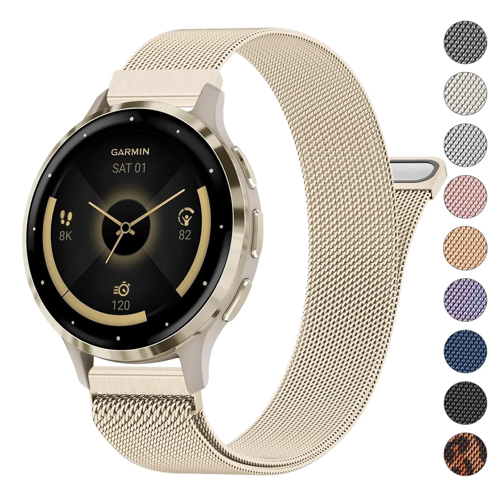 Meliya 18mm Metal Watch Band for Garmin Venu 3S/2S, Vivoactive 4S, Vivomove 3S, Forerunner 255s/265s - Champagne Gold — Champagne Gold