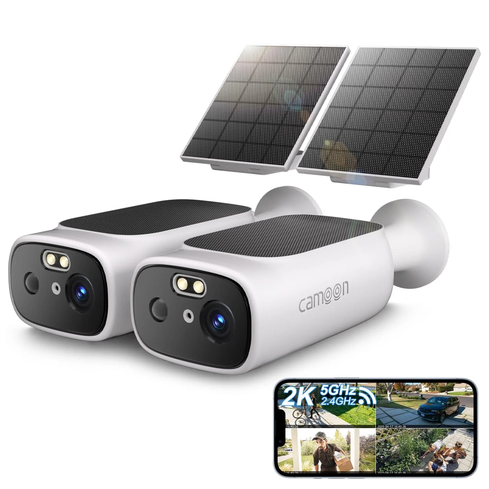 Camoon 2K Solar Security Cameras Wireless Outdoor (2 Cams, 2-Pack) | Continuous Power, Color Night Vision
