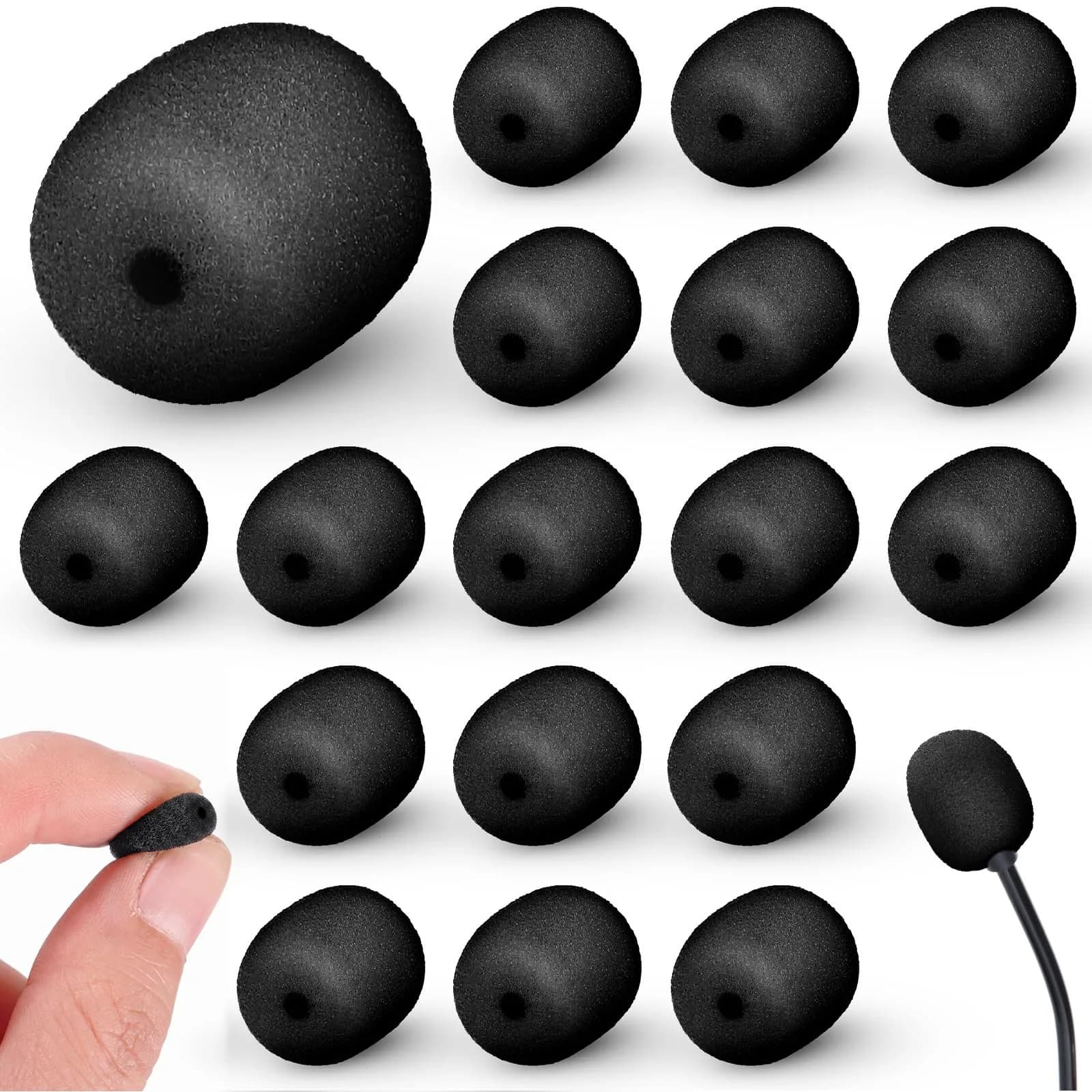 Innconee Mini Mic Foam Windscreen Covers 2mm x 15mm (20 Pcs) | Reduces Wind Noise for Headset & Lapel Mics — Black