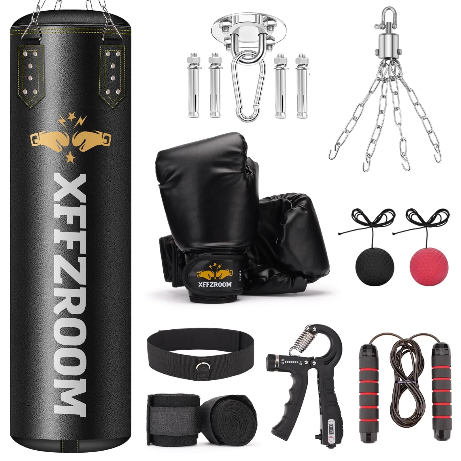 xffzroom Punching Bag for Adults, 4ft PU Leather | Heavy Boxing Set with Gloves & Accessories