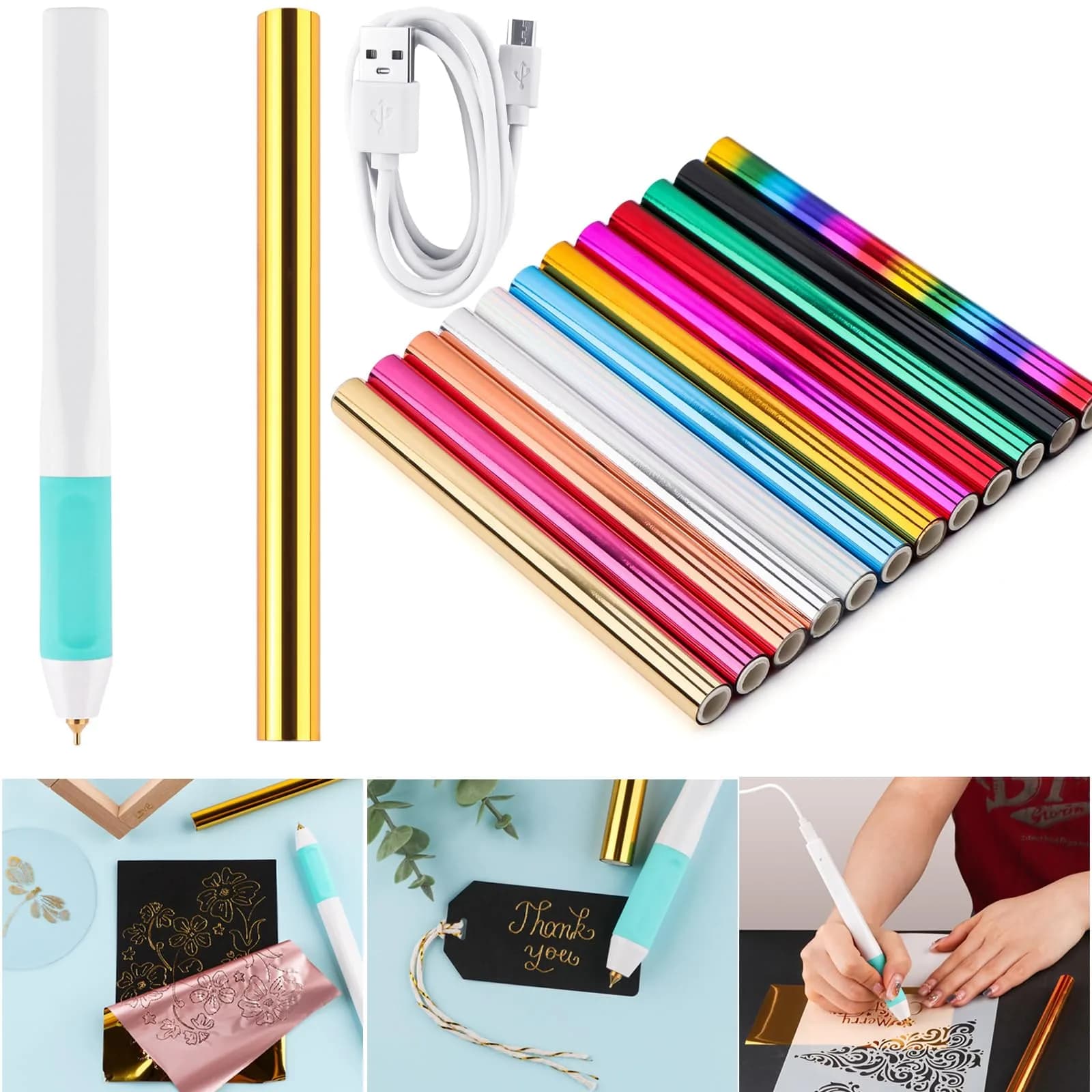 CYFUN DESIGN Heated Foil Pen Set with Gold Foil Roll & USB Cable | Crafting & Card Making Tool — Green / 0.8mm+13foil paper