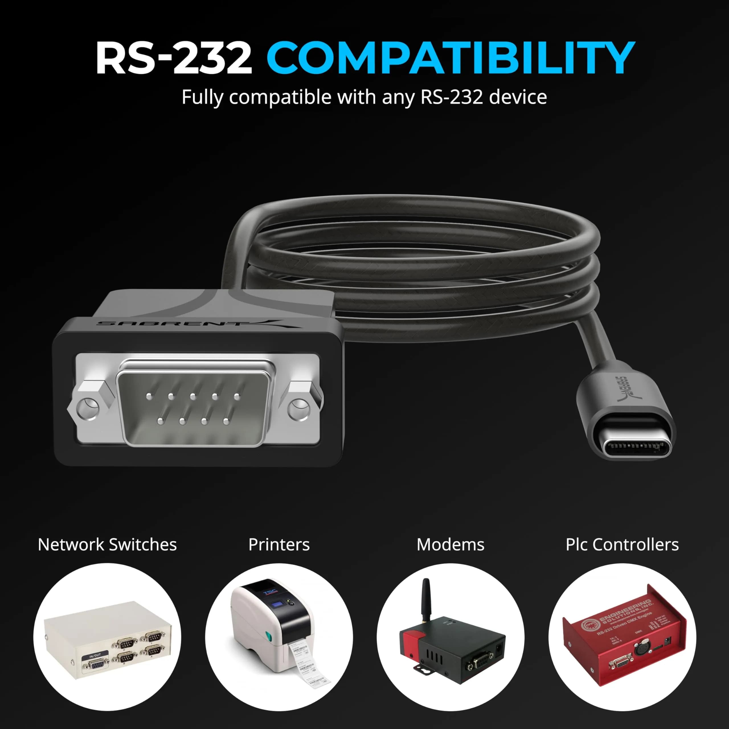 Sabrent USB-C to DB9 Serial RS-232 Adapter Cable 3ft (0.91m) | Prolific PL2303GS Chipset - view 6
