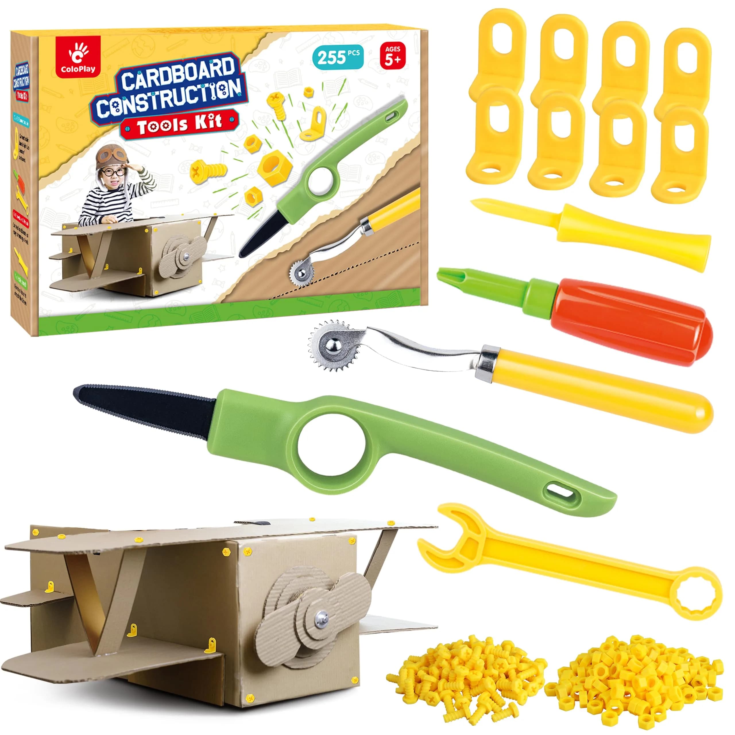 ColoPlay 355 Cardboard Tools for Kids, STEM Education Kit | Safe Cardboard Cutter, Screwdrivers, Nuts & Bolts Set (Yellow) - main product image