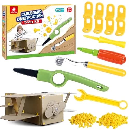 ColoPlay 355 Cardboard Tools for Kids, STEM Education Kit | Safe Cardboard Cutter, Screwdrivers, Nuts & Bolts Set (Yellow) thumbnail 1