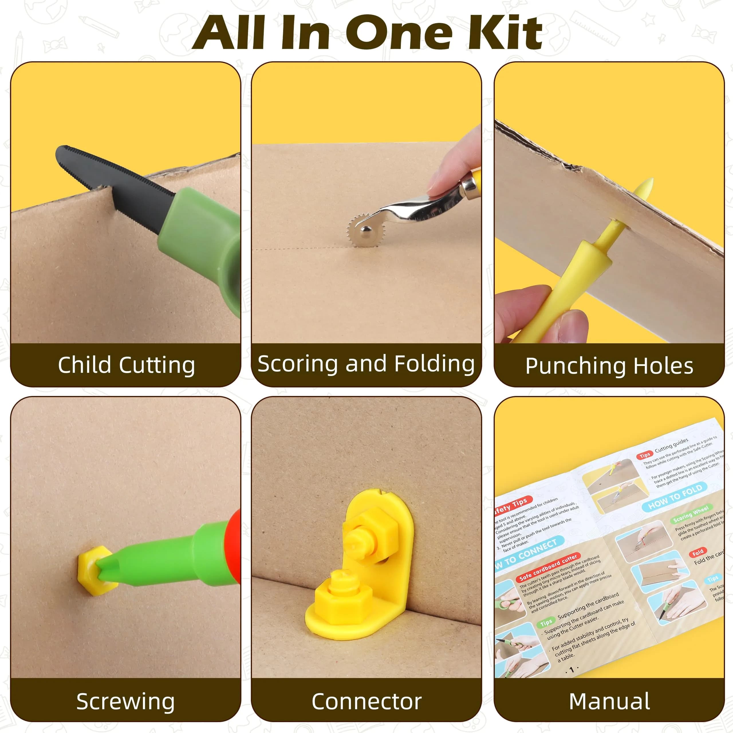 ColoPlay 355 Cardboard Tools for Kids, STEM Education Kit | Safe Cardboard Cutter, Screwdrivers, Nuts & Bolts Set (Yellow) - view 8