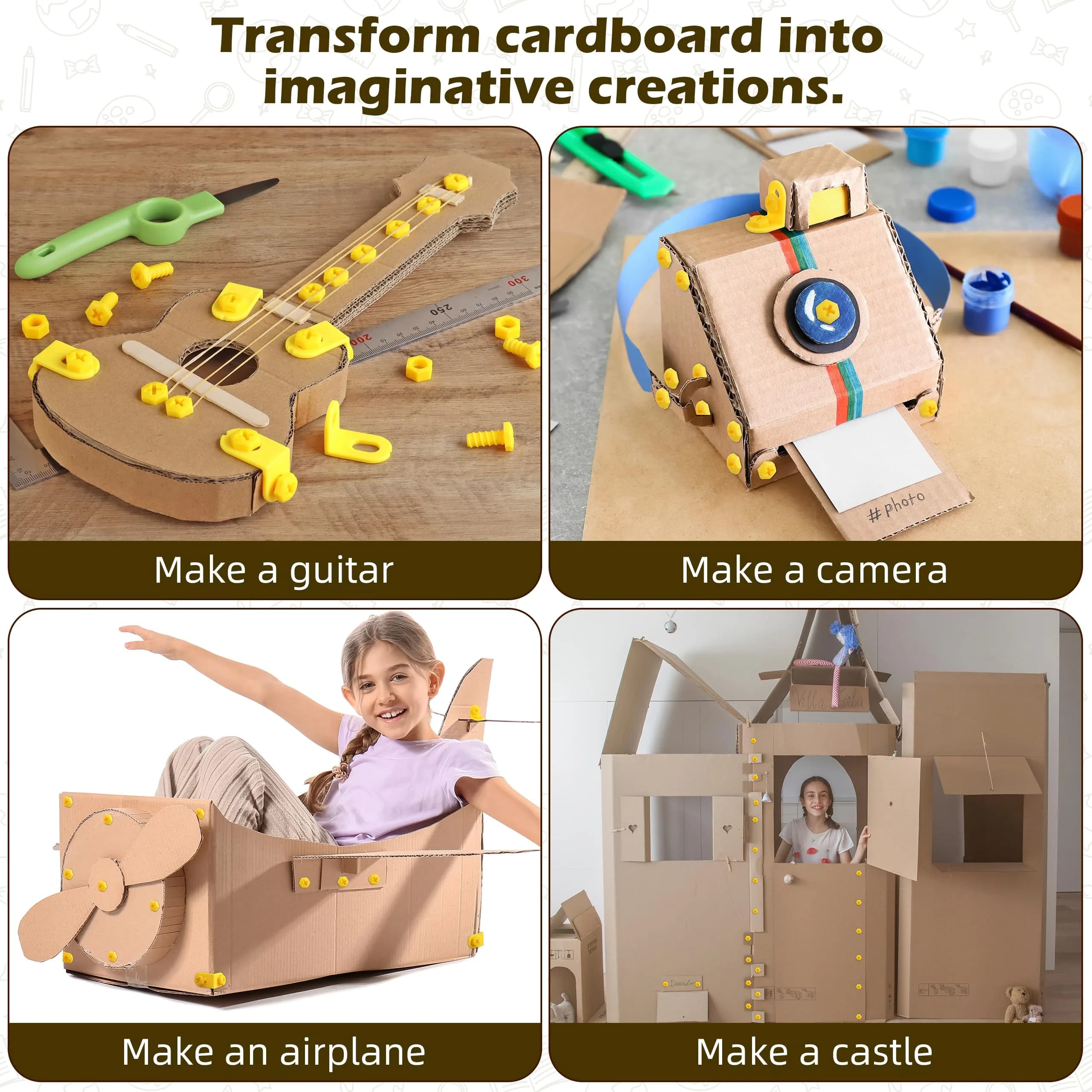 ColoPlay 355 Cardboard Tools for Kids, STEM Education Kit | Safe Cardboard Cutter, Screwdrivers, Nuts & Bolts Set (Yellow) - view 9