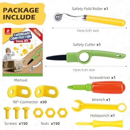 ColoPlay 355 Cardboard Tools for Kids, STEM Education Kit | Safe Cardboard Cutter, Screwdrivers, Nuts & Bolts Set (Yellow) thumbnail 2