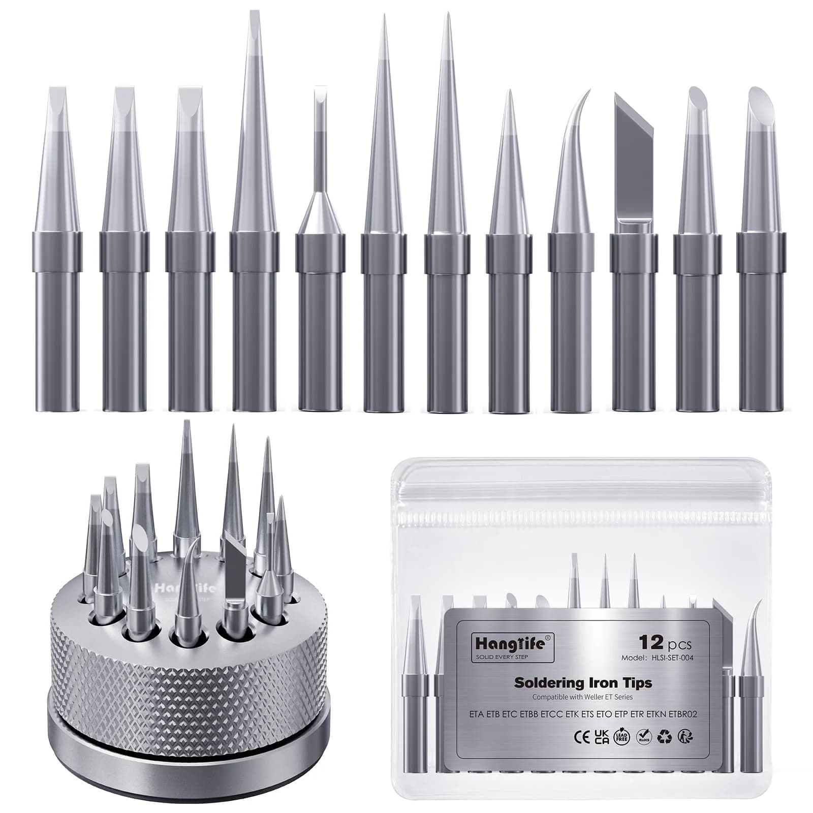 HANGLIFE ET Soldering Iron Tips 12-Piece Set with Holder | Precision Replacement Solder Tips for Weller Stations — 12pcs+holder